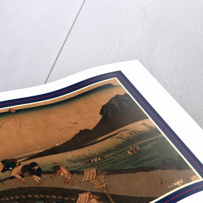 Travelers Crossing a Bridge on a Windy Day, a Kite Flies Overhead, and Workers in a Rice Paddy in the Background by Anonymous