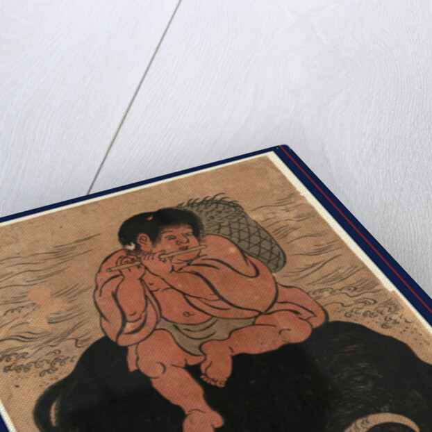 Kintaro, a Young Boy with Legendary Strength, Transformed As Sanro, Playing a Flute While Sitting on the Back of a Bull by Anonymous