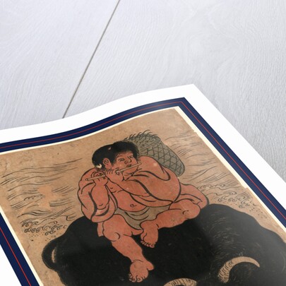 Kintaro, a Young Boy with Legendary Strength, Transformed As Sanro, Playing a Flute While Sitting on the Back of a Bull by Anonymous