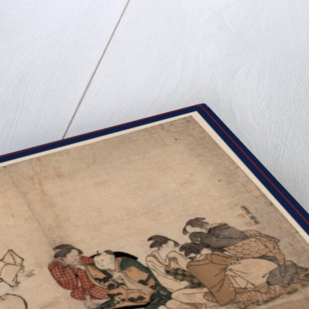 Four Women and a Child Watching Two Men Dancing with a Fan and a Drum by Anonymous