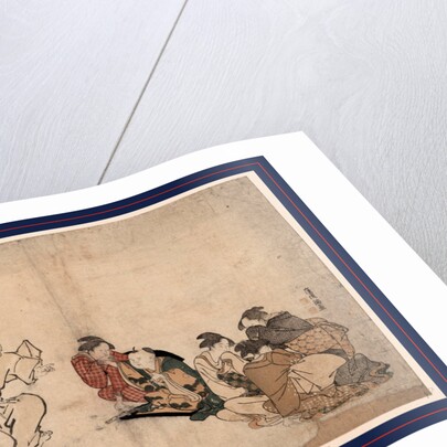 Four Women and a Child Watching Two Men Dancing with a Fan and a Drum by Anonymous