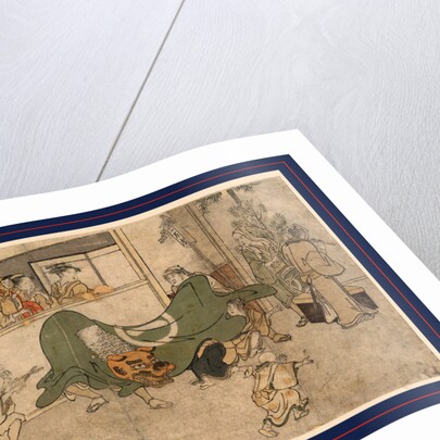 Actors in Lion Costume Dancing in Front of Women and Children Gathered at a Window, and Children and Adults Outside the Building by Anonymous