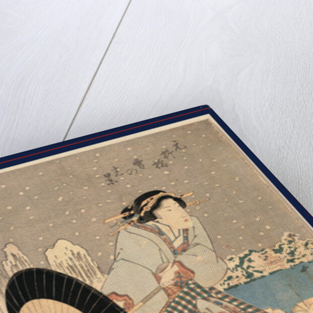 Woman Opening Up a Parasol While Walking in the Snow at Night Near the Motonoyanagi Bridge by Anonymous