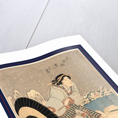 Woman Opening Up a Parasol While Walking in the Snow at Night Near the Motonoyanagi Bridge by Anonymous