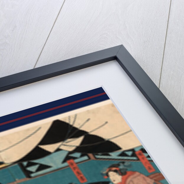 Aoto Fujitsuna Sitting on a Raised Platform with Two Attendants, and Several Men and Women Sitting in the Foreground by Anonymous