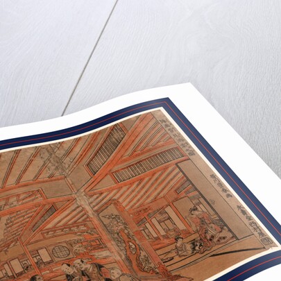 View Through Multiple Rooms of Small Gatherings, Men Playing Board Game, Women Playing with Pets, Drinking Tea, and Outside in the Snow, Rolling Large Snowballs. by Anonymous