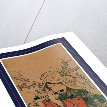 Woman with a Shawl Covering Her Head and Wearing Geta, Playing a Takebue or Shinobue Flute. by Anonymous