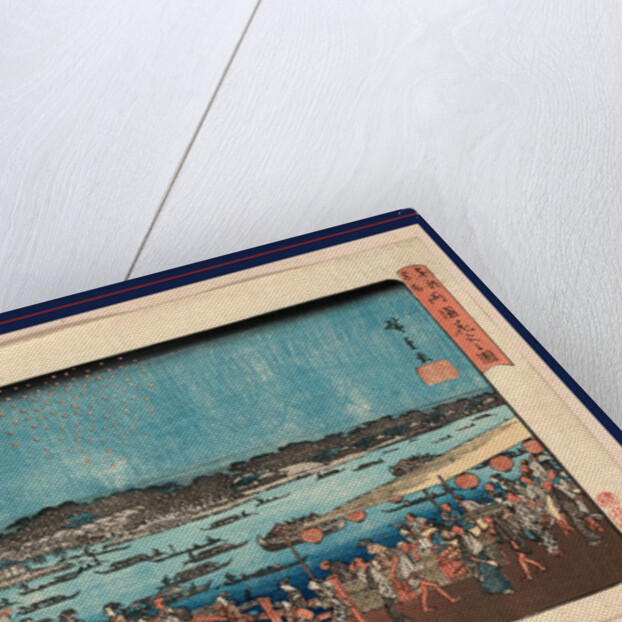 Pedestrians and Onlookers Crossing Wooden Bridge Spanning a River and Standing on Side of Roadway, Watching Fireworks Burst Overhead, in the Night Sky by Anonymous