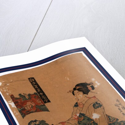 Woman Sitting on the Floor Looking at a Wall Hanging of the Bridge at the Kameido Tenjin Shrine. by Anonymous