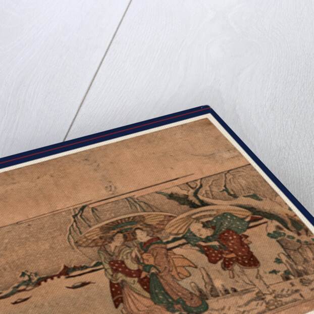 Two Women, Possibly Geisha, and a Male Porter Standing on a Wharf on the Edge of a River During a Snow Storm by Anonymous