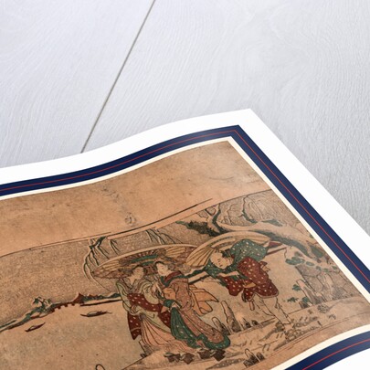 Two Women, Possibly Geisha, and a Male Porter Standing on a Wharf on the Edge of a River During a Snow Storm by Anonymous