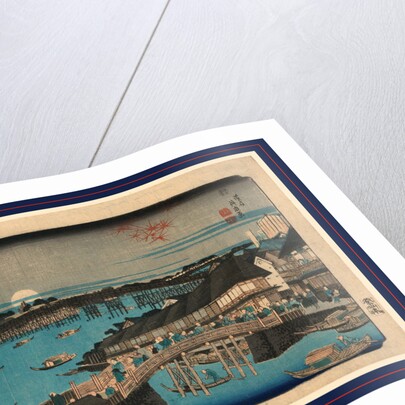 Many People on City Streets and Crossing Bridges Over Bodies of Water, with Boats, Wooden Buildings, and the Setting Sun or Full Moon in the Background by Anonymous