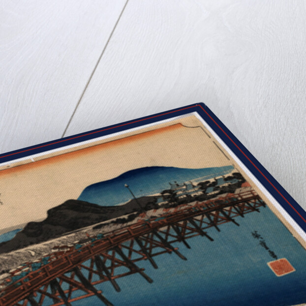 Travelers on a Bridge Across a River with Buildings in the Background at the Okazaki Station on the Tokaido Road by Anonymous