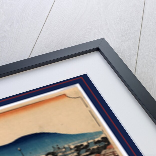 Travelers on a Bridge Across a River with Buildings in the Background at the Okazaki Station on the Tokaido Road by Anonymous