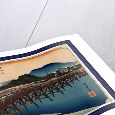 Travelers on a Bridge Across a River with Buildings in the Background at the Okazaki Station on the Tokaido Road by Anonymous