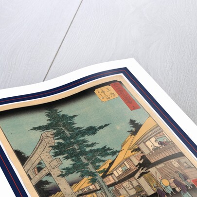 Travelers and Residents at the Shrine and Inns at the Mishima Station on the Tokaido Road by Anonymous