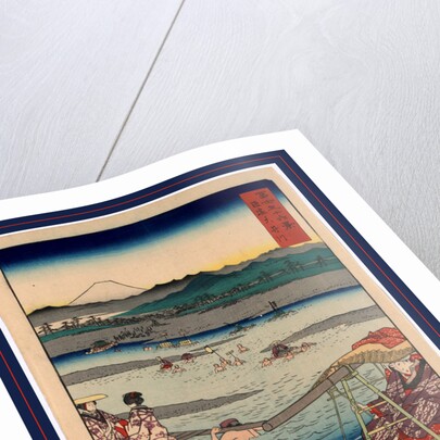 Porters Carrying Passengers on Litters Across the Oi River, with View of Mount Fuji in the Background by Anonymous