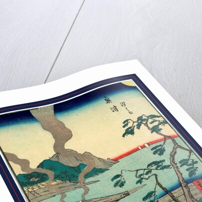 Man Leading a Horse Carrying Bundles of Reeds Along the Shore of a Bay at the Okitsu Station on the Tokaido Road with a Village in the Distance. by Anonymous