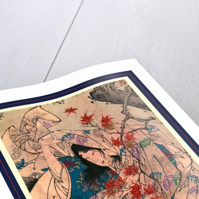 Person Wrapped in a Flowing Kimono Standing Beneath a Maple Tree at Sumiyoshi. by Anonymous