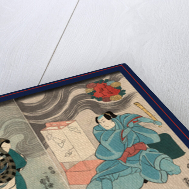 Tamashima itto tenjiku tokubei tsukimoto inabanosuke, Actors in the roles of Tamashima Itto, Tenjuku Tokubei, and Tsukimoto Inabanosuke by Utagawa Kuniyoshi