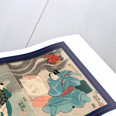 Tamashima itto tenjiku tokubei tsukimoto inabanosuke, Actors in the roles of Tamashima Itto, Tenjuku Tokubei, and Tsukimoto Inabanosuke by Utagawa Kuniyoshi