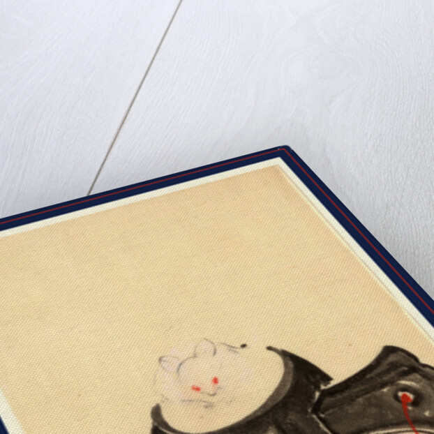 Mouse, Facing Front, Sitting on a Mallet with Red Ribbon Through a Hole in the Handle. by Anonymous