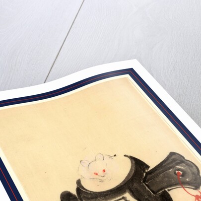 Mouse, Facing Front, Sitting on a Mallet with Red Ribbon Through a Hole in the Handle. by Anonymous