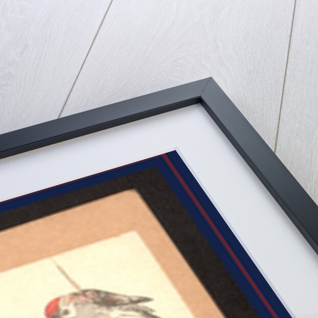 Small Red-Capped Bird Perched on a Bamboo Stake Supporting a Lily Plant. by Anonymous