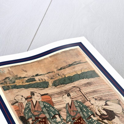 Azumabashi o wataru ichikawa omezo to sawamura gennosuke, Ichikawa Omezo and Sawamura Gennosuke crossing Azuma Bridge by Utagawa Toyokuni