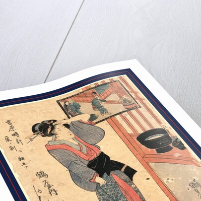 Kashiku of Tsuru-Ya, a Courtesan, Looking Into a Mirror that is Hanging in an Open Window, Reflecting Clients Arriving or Departing at the Front Gate by Anonymous