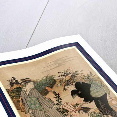 Three Women, One Holding a Lantern, Looking at Bushclover on the Banks of the Tama River by Anonymous