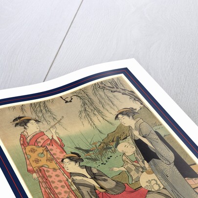 Three Women and a Child, Standing Next to and Sitting on a Bench Beneath a Willow Tree at the Edge of a Pond by Anonymous