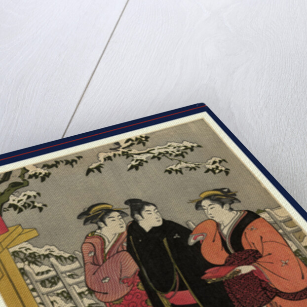 Man and Two Women Standing in the Snow Outside a Shrine, One Woman Carries an Offering by Anonymous