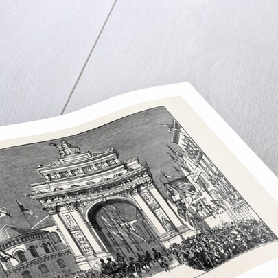 Reception of the Crown Prince of Sweden and Norway and His Bride at Christiana: The Cathedral of the Trinity, the Procession Passing Under the Triumphal Arch in Carl Johan Street by Anonymous