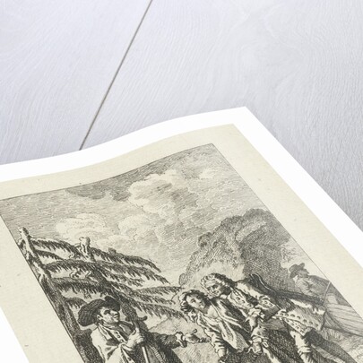 Meeting between a man and a couple in the outdoors, the man holds a stick and gestures with his hand towards the couple by Jacob Folkema