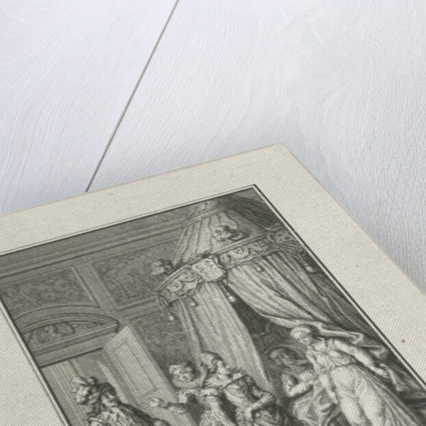 Three richly dressed figures enter a room. Lovers caught by surprise by Jacob Folkema