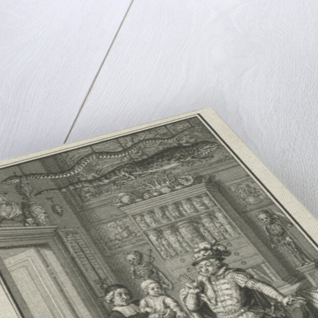 A nobleman and a cleric with a child in a cabinet of curiosities by Jacob Folkema