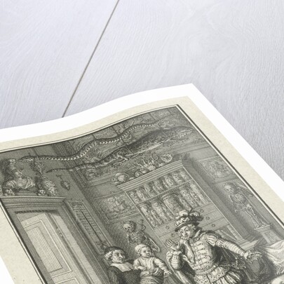 A nobleman and a cleric with a child in a cabinet of curiosities by Jacob Folkema
