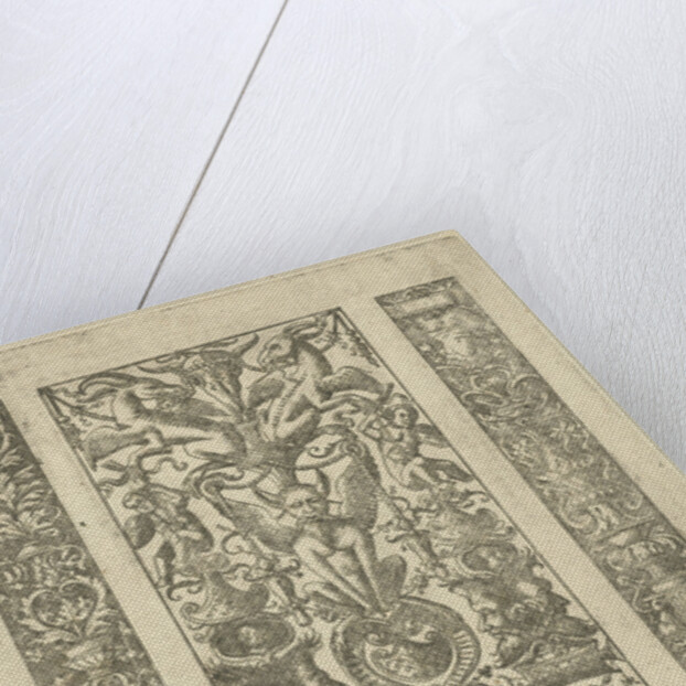 Candelabrum with vines, a candelabrum with grotesques, a rearing horse by Lambert Hopfer