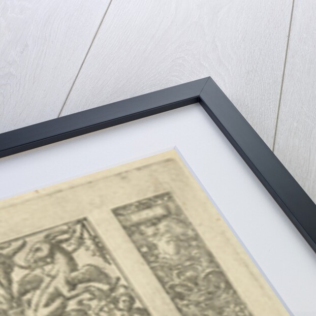 Candelabrum with vines, a candelabrum with grotesques, a rearing horse by Lambert Hopfer