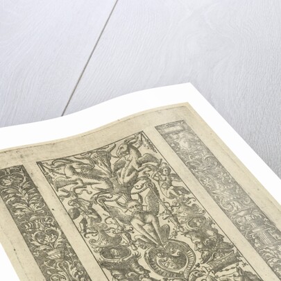 Candelabrum with vines, a candelabrum with grotesques, a rearing horse by Lambert Hopfer