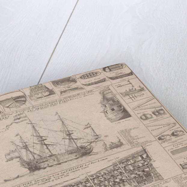 Engraving showing cross sections of a warship by Anonymous