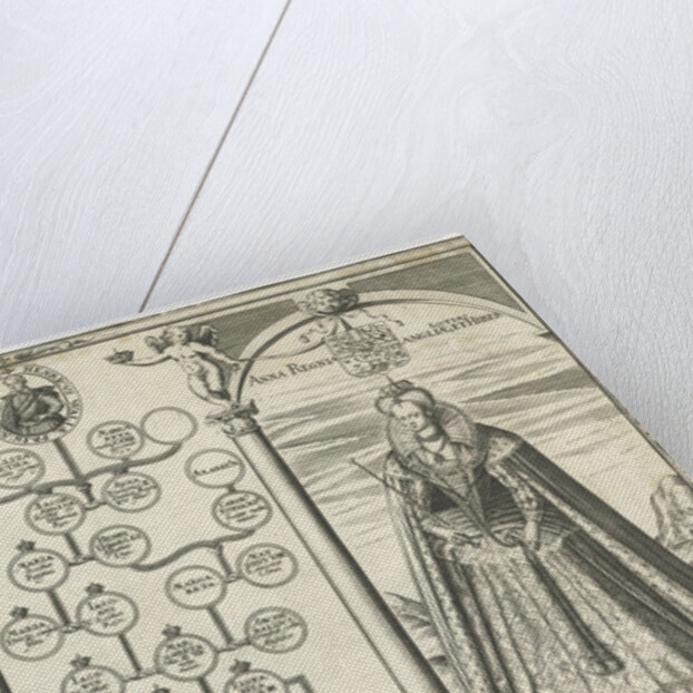 Portraits of James I, King of England and his wife Anne of Denmark standing on either side of genealogical tree by Jean le Clerc