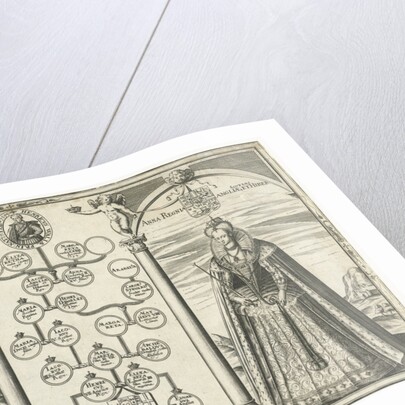 Portraits of James I, King of England and his wife Anne of Denmark standing on either side of genealogical tree by Jean le Clerc