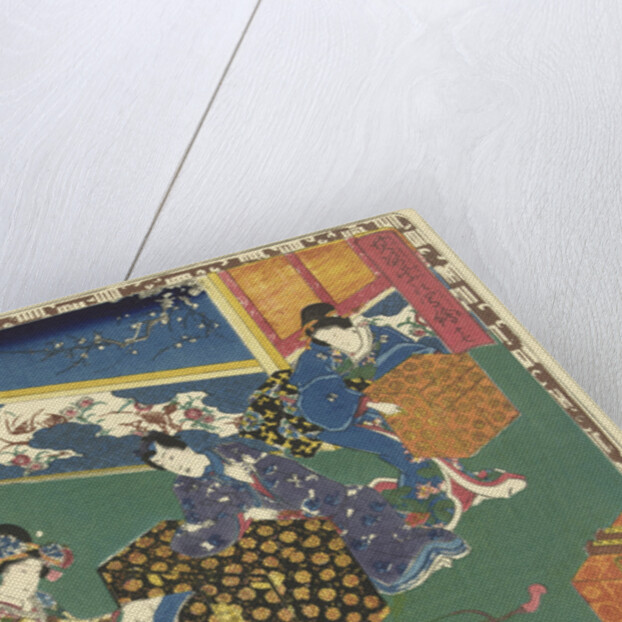 Prince Genji leaning over a low cabinet and looking at a woman with an album in her hands by Watanabe Shoemon