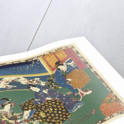 Prince Genji leaning over a low cabinet and looking at a woman with an album in her hands by Watanabe Shoemon