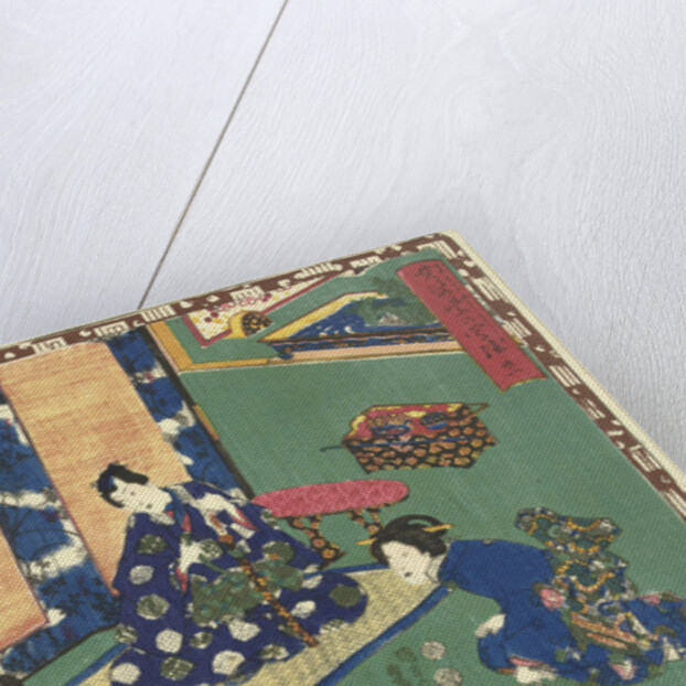 Prince Genji sitting on a rug in a room by Watanabe Shoemon