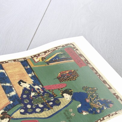 Prince Genji sitting on a rug in a room by Watanabe Shoemon