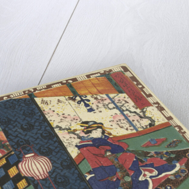 Prince Genji and man in big chest, looking at a woman sitting behind folding screen by Murata Heiemon