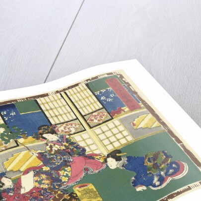 Prince Genji, an elegantly dressed woman and a maid by Murata Heiemon